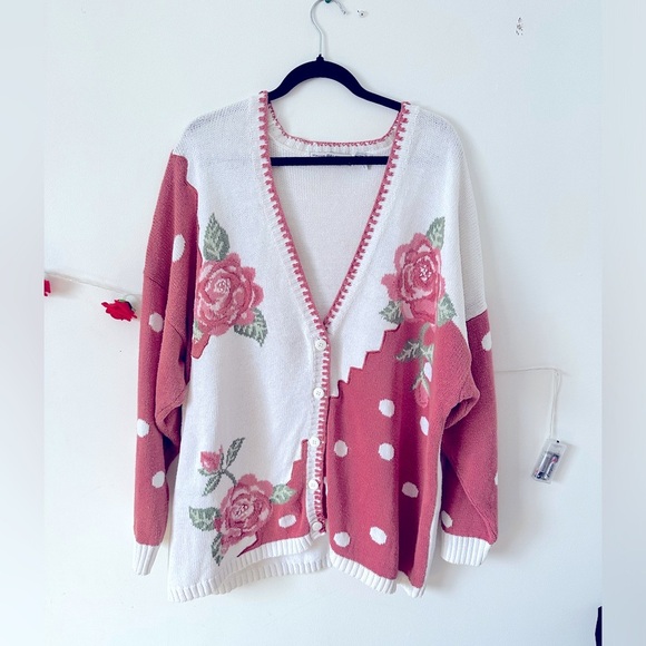 Vintage Rose Floral Cotton Ramie Maggie Lawrence Oversized Sweater Cardigan L XL - Picture 2 of 9